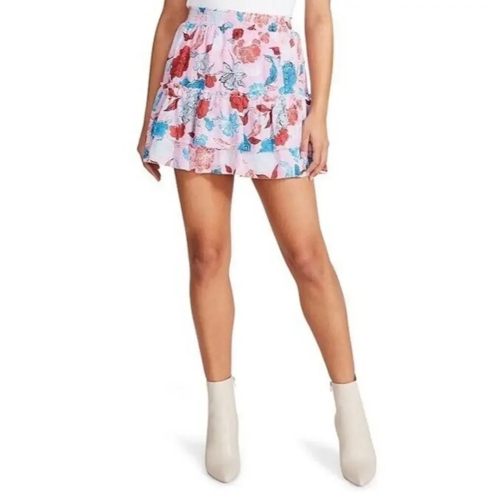 BB Dakota by Steve Madden Pink Floral Print Tiered Ruffle Mini Skirt Sz XS NWT